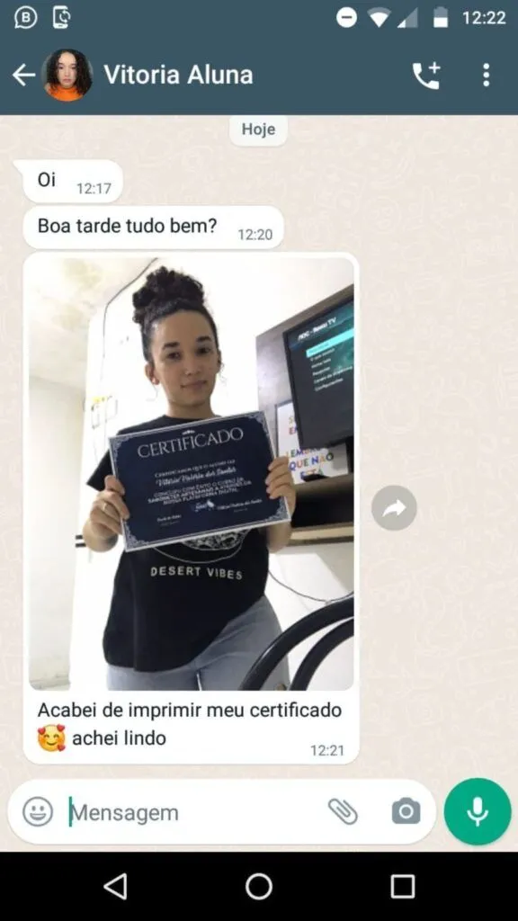Depoimento real de aluna no WhatsApp
