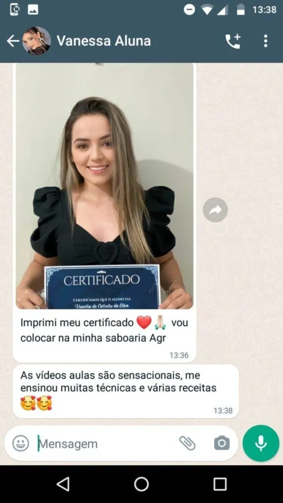 Depoimento real de aluna no WhatsApp