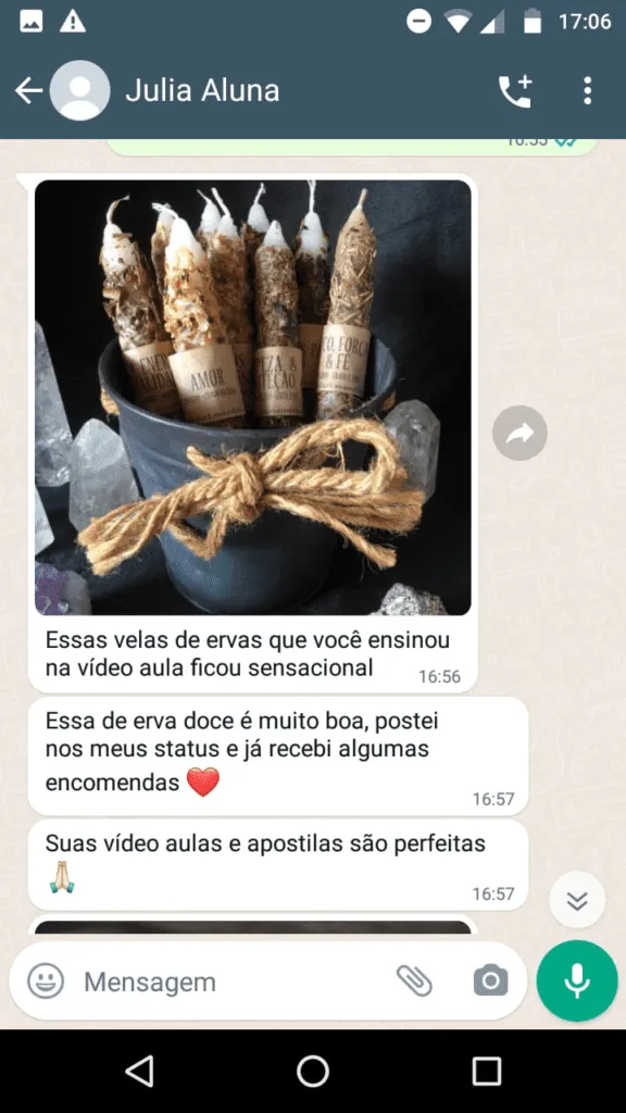 Depoimento real de aluna no WhatsApp